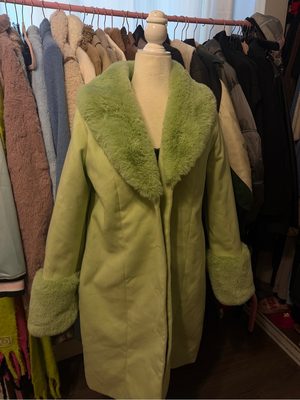 wild fable Light Green Faux Fur Trim Trench Coat